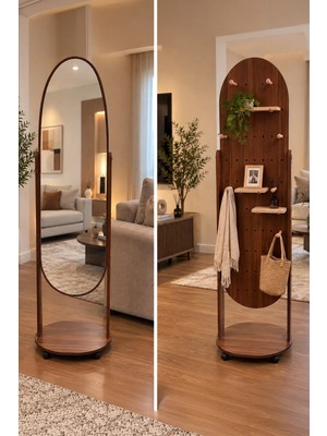 Mobee Ahşap  Kapsül Oval Gövdeli Boy Aynası Tekerlekli Delikli Panel Raflı Askılık Kombinli 170*41 12-4