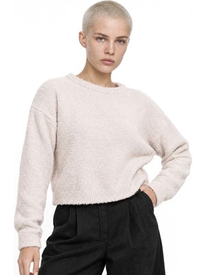 Hiccup Kadınlar Mixray Peluş Dokulu Crop Örgü Kazak Natural