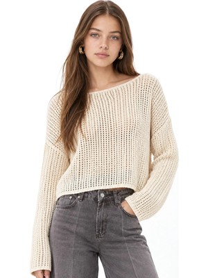 Hiccup Kadınlar Mixray Ajurlu Kayık Yaka Crop Triko Natural