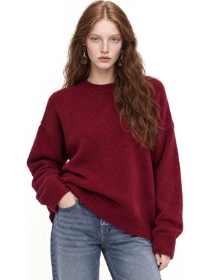Hiccup Kadınlar Mixray Oversize Triko Kazak Bordo Kırmızı