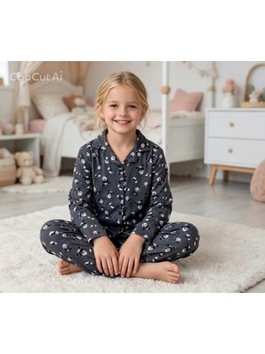 NiCe İç Giyim Kız Çocuk Panda Desenli Antrasit Renk Uzun Kollu Pijama Takım - Rahat Kesim Uyku Giyimiı