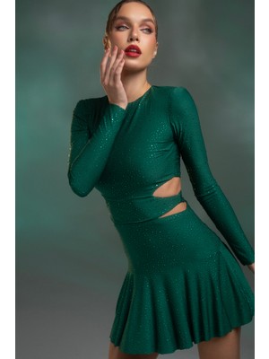Gira Official Zümrüt Yeşili Taşlı Cut Out Detaylı Mini Elbise