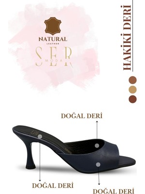Sermoda Hakiki Deri Kadın Terlik - 7 cm Topuklu Hakiki Deri Kadın Topuklu Terlik Lacivert