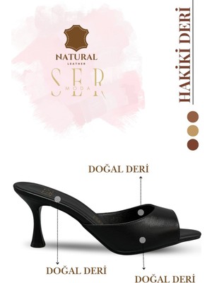 Sermoda Hakiki Deri Kadın Terlik - 7 cm Topuklu Hakiki Deri Kadın Topuklu Terlik Siyah