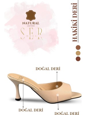 Sermoda Hakiki Deri Kadın Terlik - 7 cm Topuklu Hakiki Deri Kadın Topuklu Terlik Nut
