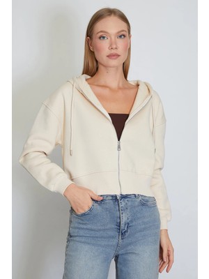FullaModa 3 Iplik Basic Fermuarlı Kapüşonlu Sweatshirt