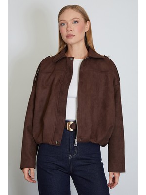 FullaModa Fermuarlı Polo Yaka Süet Bomber Ceket
