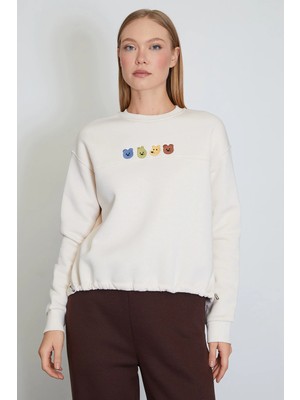 FullaModa 3 Iplik Ayıcık Nakışlı Stoperli Oversize Sweatshirt