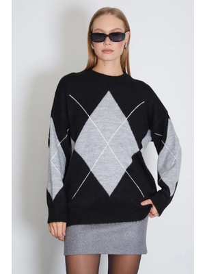 FullaModa Baklava Desenli Oversize Kazak