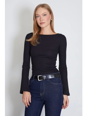 FullaModa Fitilli Kayık Yaka Flare Kol Slim Fit Bluz
