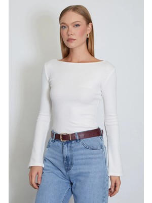 FullaModa Fitilli Kayık Yaka Flare Kol Slim Fit Bluz