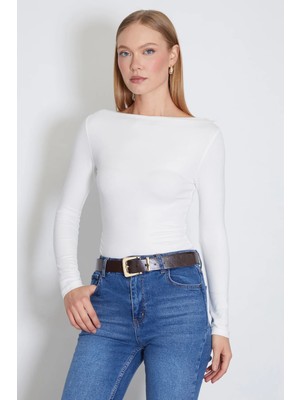 FullaModa Yanları Drapeli Kayık Yaka Slim Fit Bluz