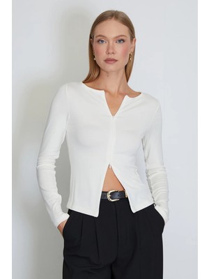 FullaModa Çift Fermuarlı Bisiklet Yaka Slim Fit Bluz