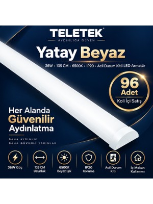 Teletek Yatay Beyaz Acil Durum Kitli LED Armatür 36W 135 cm 6500K IP20 – Beyaz Işık - 96ADET