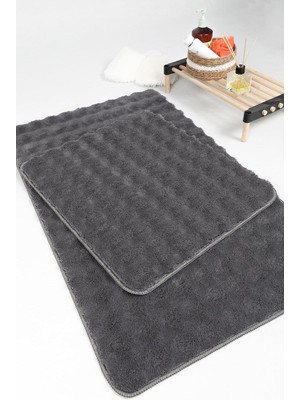 Modern Bubble Yıkanabilir Kaymaz Peluş Banyo Paspası Halısı 2li Klozet Takımı 50X80-50X40CM Antrasit