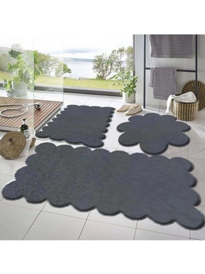 Rachel Carpet 3'lü Set Kaymaz Taban Banyo Paspası Halısı 50X50 (Yuvarlak PAPATYA)-50X60(LAZER)-60X100 (Lazer), Koyu Gri