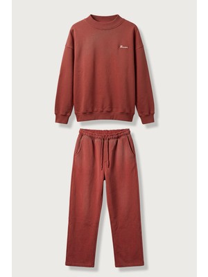 Abluka Online Ablukaonline Unisex Oversize Kalın Şardonlu Yıkamalı Eşofman Takımı Kiremit