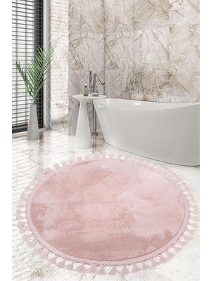 Relax Pudra Yuvarlak 100X100 cm Ponpon Saçaklı Kaymaz Tabanlı Banyo Paspası
