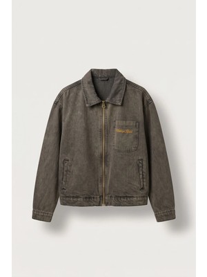 Abluka Online Erkek Boxy Fit Vintage Yıkamalı Nakışlı Denim Ceket Kahverengi