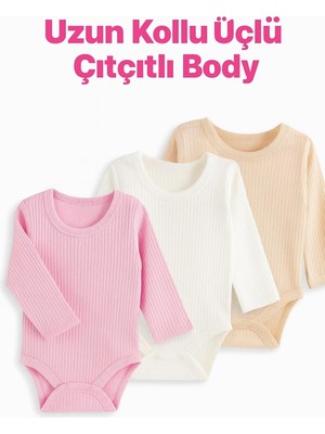 Myzi Store Kız Bebek Yenidoğan 3 ADET%100 Pamuk Uzun Kollu Çıtçıtlı Body Badi Zıbın