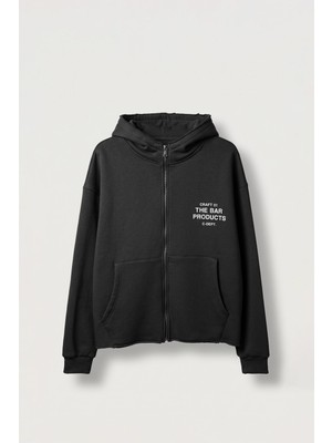 Abluka Online Erkek Oversize Sırt Baskılı Fermuarlı Kapüşonlu Sweatshirt Siyah