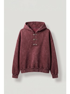 Abluka Online Erkek Boxy Fit Yıkamalı Metal Tokalı Kapüşonlu Sweatshirt Bordo