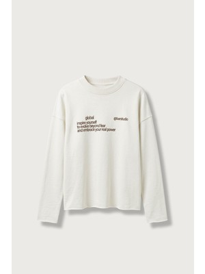 Abluka Online Erkek Boxy Fit Yazı Baskılı Bisiklet Yaka Sweatshirt Ekru