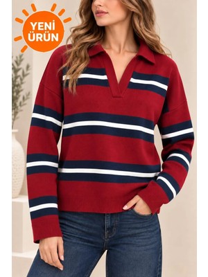qlis Yeni Sezon Oversize Premium Kalite Polo Yaka Çizgili Standart Beden Kadın Triko Kazak