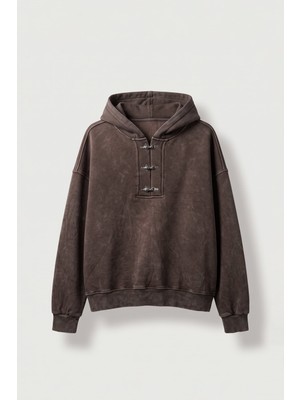 Abluka Online Erkek Boxy Fit Yıkamalı Metal Tokalı Kapüşonlu Sweatshirt Kahverengi