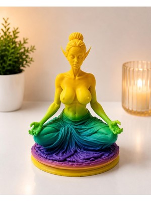 Renk Geçişli Meditasyon Yapan Elf Kadın Heykeli Dekoratif Biblo | 3D Baskı, Gökkuşağı Renk Geçişi, Lotus Pozisyonu, Masa Dekoru, Fantastik Figür