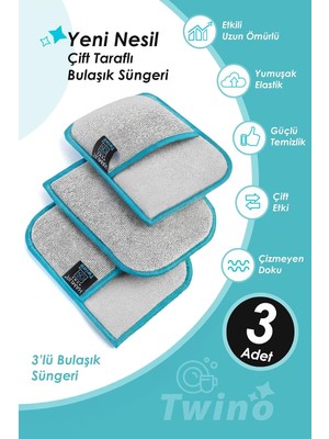 Twino 3'lü Bulaşık Süngeri Ultra Güçlü Sert Mutfak Ocak Teli Zor Kir Ovma Mikrofiber Temizlik Bezi