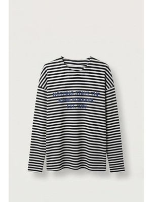 Abluka Online Erkek Oversize Bisiklet Yaka Çizgili Sweatshirt Ekru-Füme