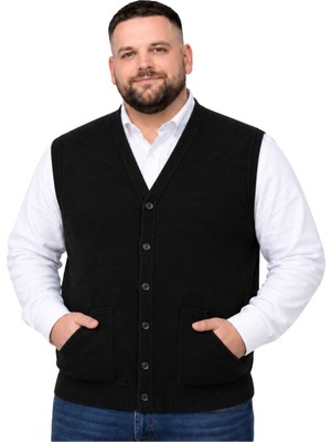 Battal Moda Erkek Büyük Beden Siyah Cepli Triko Yelek 3xl-4xl-5xl-6xl