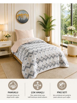 Çift Kişilik Pike Çift Taraflı Kapitone Pike ve Yatak Örtüsü Takımı – 200X230 cm Desenli (Çarşafsız) (Bej, Çift Kişilik)