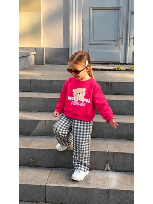 Elzo Collection Kız Çocuk Ön Arka Bear Baskılı Sweatshirt Alt Kareli Dokuma Denim Kot Pantolon Alt Üst Takım