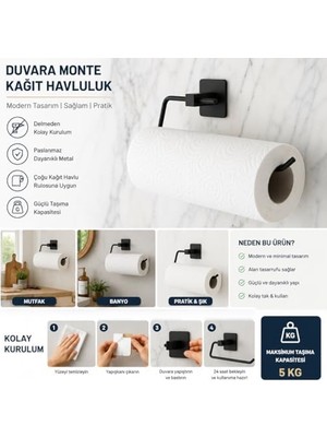 TeknoKapsül Kendinden Yapışkanlı Kağıt Havluluk ve Rulo Havlu Askısı - Deliksiz Montaj, Paslanmaz Metal, Mat Siyah - Mutfak ve Banyo Için Duvara Monte Havluluk Aparatı