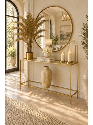 Teknor Şeffaf Camlı Gold Metal Konsol 100 cm Modern Salon Dresuarı