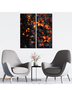 Tilki Dünyası 2'li Turuncu ve Siyah Sonbahar Yaprakları Temalı Kanvas Tablo Seti - Modern Duvar Dekoru - 30X70 cm