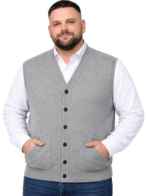 Battal Moda Erkek Büyük Beden Gri Cepli Triko Yelek 3xl-4xl-5xl-6xl