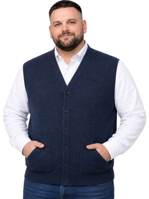 Battal Moda Erkek Büyük Beden Melanj Lacivert Cepli Triko Yelek 3xl-4xl-5xl-6xl