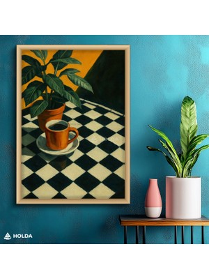 Holda Props Ahşap Renk Çerçeveli Mdf Tablo Saksı Çiçek ve Kahve Fincanı Bitki Tablosu Duvar Dekorasyonu