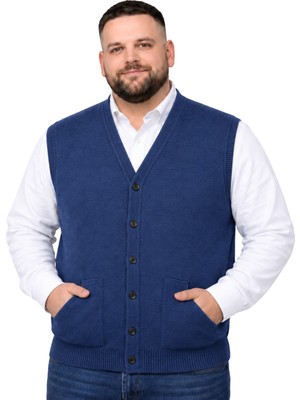 Battal Moda Erkek Büyük Beden Indigo Cepli Triko Yelek 3xl-4xl-5xl-6xl