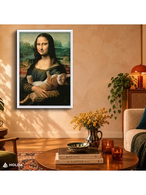 Holda Props Beyaz Renk Çerçeveli Mdf Tablo Mona Lisa Kedi Sanat Tablosu Duvar Dekorasyonu