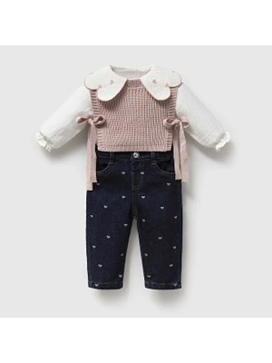 ministok Lumiere Nakışlı Balon Jean Süveter ve Gömlekten Oluşan 3'lü Kız Bebek Takım