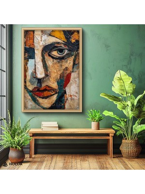 Holda Props Ahşap Renk Çerçeveli Mdf Tablo Soyut Yüz Portre Tablo Duvar Dekorasyonu
