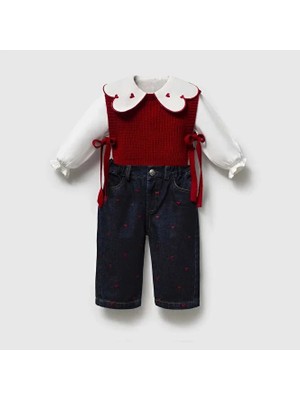 ministok Lumiere Nakışlı Balon Jean Süveter ve Gömlekten Oluşan 3'lü Kız Bebek Takım