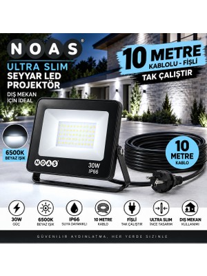 Noas 10 Metre Kablolu 30W Ultra Slim LED Projektör 6500K Beyaz Işık Seyyar LED Projektör Aydınlatma Seyyar Aydınlatma Su Geçirmez Dış Mekan