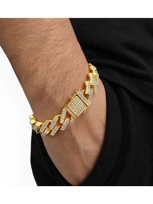 15 Mm. Gold Kalın Taşlı Alloy Erkek Bileklik
