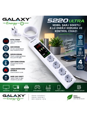 GALAXY Energy S220 Ultra Mobil Şarj Soketli 4 Lü Enerji Koruma ve Kontrol Cihazı
