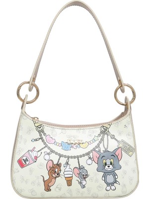 Dogo Kadın Vegan Deri Krem Omuz Çantası - Warner Bros Tom And Jerry Charms Seamless Tasarım